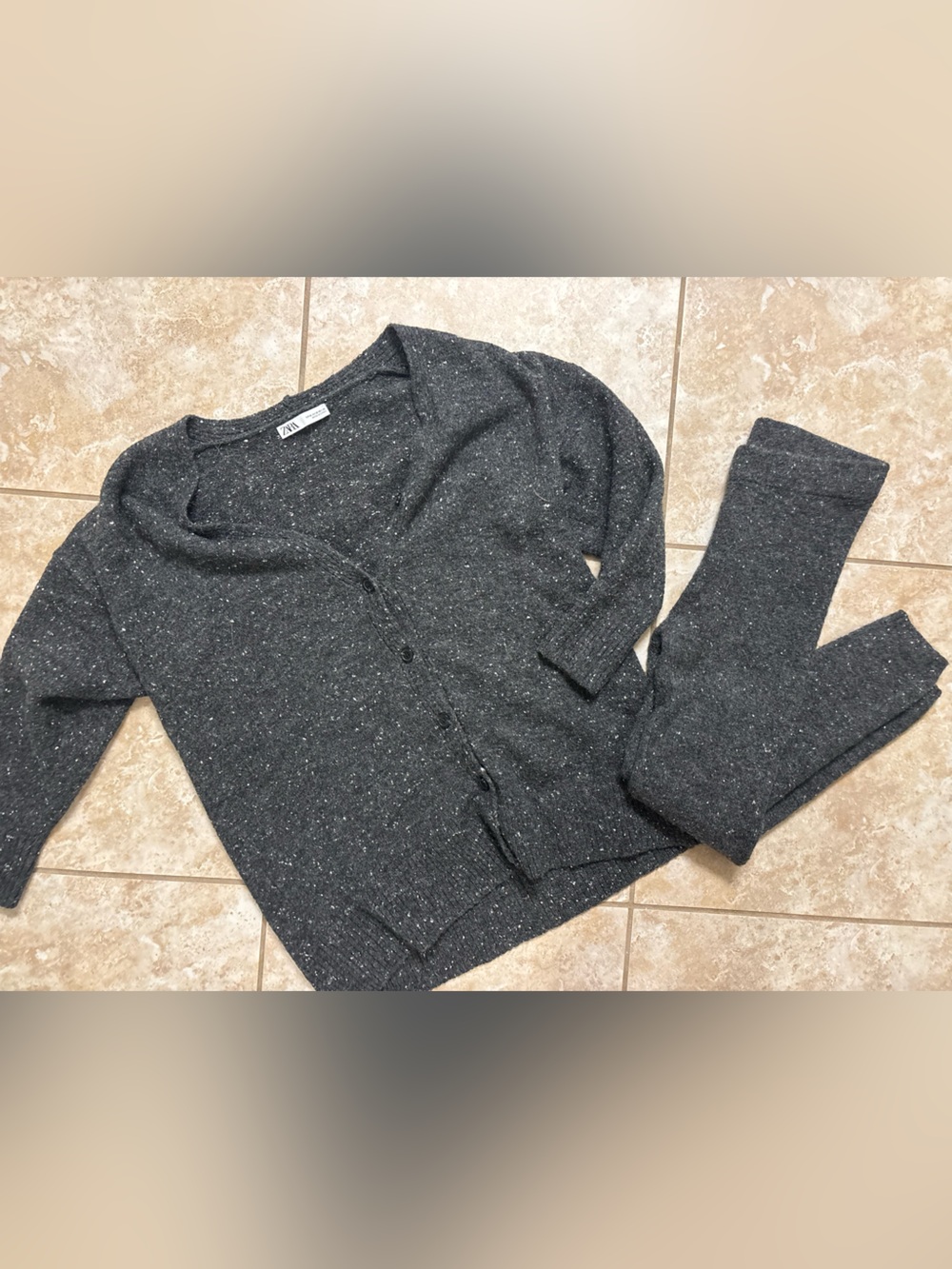 Zara Dark Gray Flecked Set - V-Neck Button Cardigan & Leggingz